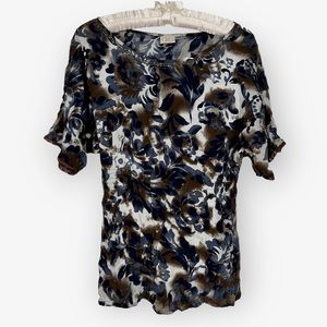 Vintage Dcc Floral Blouse Brown Blue Beaded Smocked Waist Short Sleeve Boho Sz S